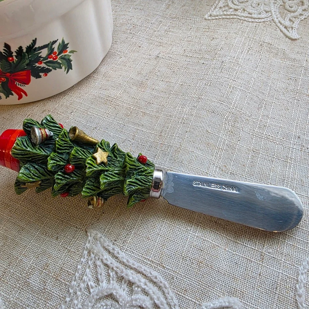 Pfaltzgraff Dip Bowl & Spreader Set 5in White Christmas Heritage Tree Handle